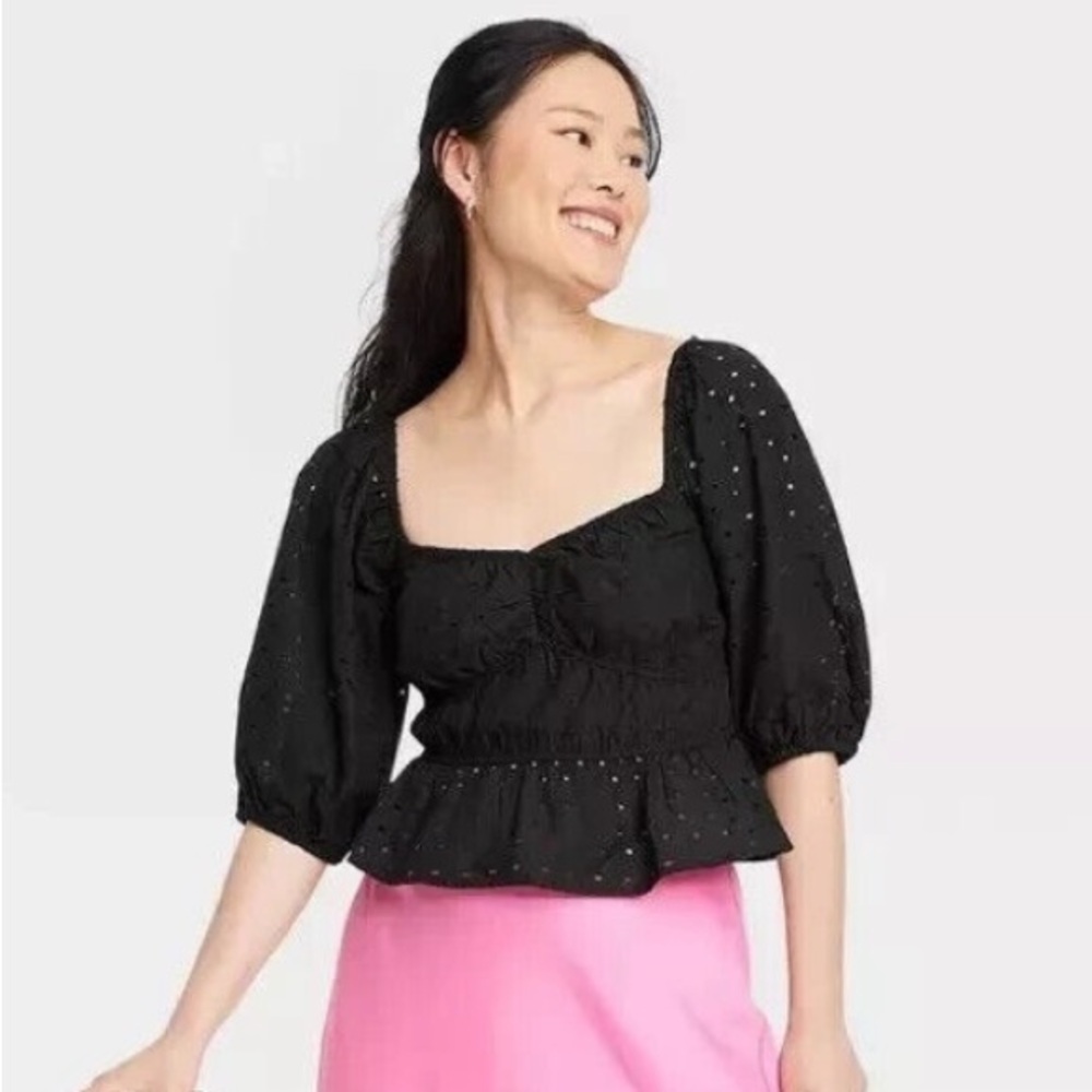 A New Day Women’s Black Eyelet Blouse Size Small